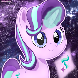 Size: 993x993 | Tagged: safe, artist:codenamekid, derpibooru import, starlight glimmer, pony, unicorn, g4, cute, cutie mark, digital art, female, glimmerbetes, glowing, glowing horn, horn, looking at you, mare, smiling, smiling at you, solo, stars