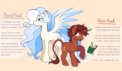 Size: 3776x2211 | Tagged: safe, artist:syrupyyy, derpibooru import, oc, oc only, oc:florid frost, oc:quill reed, pegasus, pony, unicorn, colored wings, colored wingtips, duo, duo male, freckles, gay, glasses, height difference, high res, horn, leonine tail, levitation, lidded eyes, magic, male, notebook, oc x oc, pencil, round glasses, shipping, simple background, spread wings, stallion, tail, telekinesis, text, wings, writing, yellow background