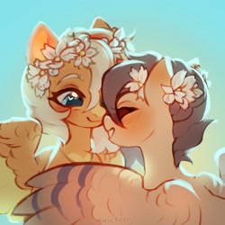 Size: 1981x1981 | Tagged: safe, artist:myscherri, derpibooru import, oc, oc only, pegasus, pony, blushing, duo, female, floral head wreath, flower, gradient background, heart, heart eyes, mare, oc x oc, shipping, wingding eyes