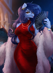 Size: 1300x1800 | Tagged: safe, artist:alicesmitt31, derpibooru import, oc, oc only, oc:tundra, anthro, big breasts, bracelet, breasts, clothes, dress, fan, female, hand fan, jewelry, laurel wreath, lidded eyes, looking at you, nail polish, necklace, open mouth, painted nails, solo, sparkles