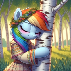 Size: 1024x1024 | Tagged: safe, ai content, derpibooru import, machine learning generated, rainbow dash, pegasus, pony, semi-anthro, g4, birch tree, blushing, clothes, cyrillic, eyes closed, female, forest, grass, hug, literal tree hugger, mare, nature, russian, slavic, solo, tree