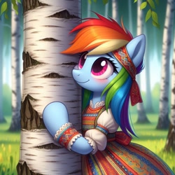 Size: 1024x1024 | Tagged: safe, ai content, derpibooru import, machine learning generated, rainbow dash, pegasus, pony, semi-anthro, g4, birch tree, blushing, clothes, cyrillic, female, forest, grass, mare, nature, russian, slavic, smiling, solo, tree