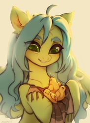 Size: 1636x2232 | Tagged: safe, artist:myscherri, derpibooru import, oc, oc only, bird, chicken, pegasus, pony, blanket, chick, ear fluff, ears, female, freckles, mare, solo, spread wings, wings