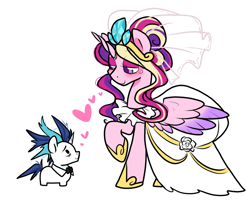 Size: 1250x1000 | Tagged: safe, artist:paperbagpony, derpibooru import, princess cadance, shining armor, alicorn, pony, unicorn, g4, alternate hairstyle, blush lines, blushing, bowtie, clothes, dress, duo, duo male and female, female, floating heart, heart, height difference, horn, horn ring, jewelry, looking at each other, looking at someone, male, mare, meme, messy mane, missing cutie mark, ring, shiningcadance, shipping, simple background, smiling, smiling at each other, squatpony, stallion, straight, the bride and the ugly ass groom, tiara, veil, wedding dress, wedding veil, white background