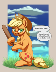 Size: 1650x2100 | Tagged: safe, artist:silverhopexiii, derpibooru import, applejack, earth pony, pony, g4, baseball bat, dialogue, female, grin, hoof hold, lidded eyes, mare, meme, nature, passepartout, sitting, smiling, solo, speech bubble, we can't expect god to do all the work