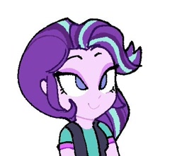 Size: 408x360 | Tagged: safe, artist:disaterror, derpibooru import, starlight glimmer, equestria girls, g4, alternate hairstyle, bust, clothes, eyelashes, female, lidded eyes, multicolored hair, pink skin, purple eyes, purple hair, shirt, simple background, smiling, solo, white background