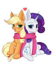 Size: 2310x2751 | Tagged: safe, artist:pesty_skillengton, derpibooru import, applejack, rarity, earth pony, pony, unicorn, g4, blushing, chest fluff, clothes, commission, commissioner:raritybro, duo, duo female, eyebrows, eyeshadow, female, freckles, hatless, heart, high res, horn, lesbian, looking at each other, looking at someone, makeup, mare, missing accessory, open mouth, open smile, rarijack, scarf, shared clothing, shared scarf, shipping, simple background, sitting, smiling, smiling at each other, white background