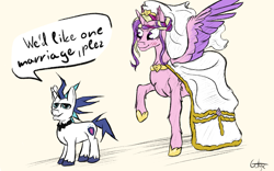 Size: 1459x909 | Tagged: safe, artist:gotyx96, derpibooru import, princess cadance, shining armor, alicorn, pony, unicorn, g4, horn, marriage, meme, simple background, size difference, the bride and the ugly ass groom