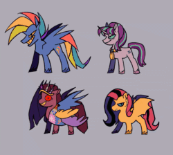 Size: 1152x1030 | Tagged: safe, artist:disaterror, derpibooru import, evil pie hater dash, fluttershy, pinkie pie, rainbow dash, starlight glimmer, bat pony, earth pony, pegasus, pony, unicorn, fanfic:cupcakes, g4, secrets and pies, alternate color palette, animated, bags under eyes, bat ponified, blue sclera, bouncing, clothes, colored hooves, colored sclera, colored teeth, concave belly, countershading, crown, cutie mark dress, dress, element of magic, equal cutie mark, equality, evil grin, evil rainbow dash, evil starlight, fake wings, fangs, female, fit, flutterbat, gif, gray background, grin, group, height difference, horn, jewelry, long mane, long tail, loop, mare, mohawk, multicolored hair, multicolored mane, multicolored tail, narrowed eyes, neckerchief, physique difference, pink coat, pinkamena diane pie, ponytail, quarter, race swap, rainbow hair, rainbow tail, red sclera, regalia, s5 starlight, severed horn, severed limb, severed wing, shrunken pupils, simple background, slender, smiling, smolshy, spread wings, tail, tallerdash, thin, tiara, two toned mane, two toned tail, unshorn fetlocks, wall of tags, wavy mane, wavy tail, wings, yellow sclera
