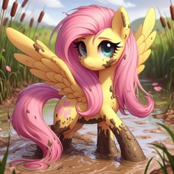 Size: 1074x1074 | Tagged: safe, ai content, derpibooru import, generator:bing image creator, generator:dall-e 3, machine learning generated, fluttershy, pegasus, pony, g4, alternate cutie mark, anonymous prompter, cute, female, mare, messy, mud, muddy, shyabetes, solo, spread wings, wings, wrong cutie mark