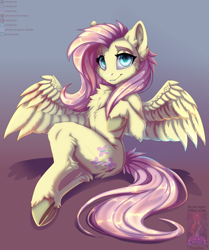 Size: 4020x4800 | Tagged: safe, artist:froxifox, derpibooru import, fluttershy, pegasus, semi-anthro, g4, absurd resolution, chest fluff, female, gradient background, looking at you, sitting, smiling, smiling at you, solo, unshorn fetlocks