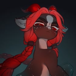 Size: 1932x1932 | Tagged: safe, artist:myscherri, derpibooru import, oc, oc only, earth pony, pony, braid, countershading, devil horns, female, freckles, gradient background, horns, mare, solo