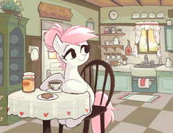Size: 2560x1968 | Tagged: safe, artist:syrupyyy, derpibooru import, nurse redheart, earth pony, pony, g4, bags under eyes, bread, cup, female, food, hatless, honey, kitchen, mare, messy mane, missing accessory, morning ponies, sitting, solo, table, teacup, toast, window