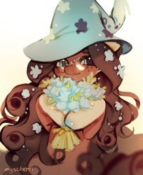 Size: 1370x1682 | Tagged: safe, artist:myscherri, derpibooru import, oc, oc only, earth pony, pony, bouquet, female, flower, flower in hair, freckles, glasses, hat, mare, round glasses, simple background, solo, white background, witch hat