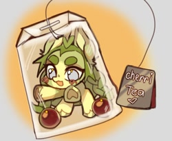 Size: 1110x913 | Tagged: safe, artist:myscherri, derpibooru import, oc, oc only, earth pony, pony, braid, female, mare, smol, solo, teabag