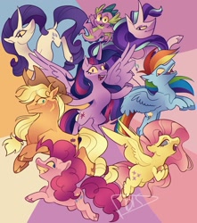 Size: 2300x2600 | Tagged: safe, artist:disaterror, derpibooru import, applejack, fluttershy, pinkie pie, rainbow dash, rarity, spike, starlight glimmer, twilight sparkle, twilight sparkle (alicorn), alicorn, dragon, earth pony, pegasus, pony, unicorn, g4, abstract background, alternate design, applejack's hat, applejacked, belly, blonde, blonde mane, blonde tail, blue eyes, cat eyes, clothes, colored hooves, colored sclera, colored teeth, colored wings, concave belly, cowboy hat, curly hair, curly mane, curly tail, curved horn, diverse body types, ear fluff, ears, eyelashes, eyeshadow, fangs, female, flying, freckles, green eyes, group, hat, height difference, hooves to the chest, horn, leonine tail, lidded eyes, long mane, long tail, looking at you, makeup, male, mane eight, mane seven, mane six, mare, messy mane, messy tail, multicolored hair, multicolored mane, multicolored tail, muscles, open mouth, open smile, physique difference, pink coat, pink mane, pink tail, ponytail, profile, purple eyes, purple mane, purple tail, rainbow hair, rainbow tail, raised hooves, shiny hoof, signature, size difference, slender, slit eyes, smiling, smiling at you, smolshy, spread wings, tail, teeth, thin, tied mane, tied tail, two toned wings, unshorn fetlocks, wall of tags, watermark, white coat, winged spike, wings, yellow coat, yellow mane, yellow tail