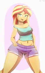 Size: 2584x4181 | Tagged: safe, artist:azuretto, derpibooru import, sunset shimmer, human, equestria girls, g4, clothes, female, hand on hip, midriff, shorts, solo, tanktop, wide hips