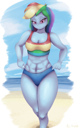 Size: 2584x4181 | Tagged: safe, artist:azuretto, derpibooru import, rainbow dash, human, equestria girls, g4, abs, beach, clothes, female, lidded eyes, ocean, solo, swimsuit, tomboy, two-piece swimsuit, water