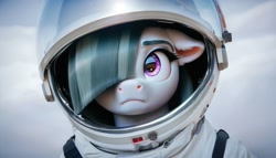 Size: 2552x1456 | Tagged: safe, ai content, derpibooru import, generator:pony diffusion v6 xl, generator:stable diffusion, machine learning generated, marble pie, earth pony, pony, g4, astronaut, bust, ears, female, floppy ears, frown, fur, hair over one eye, looking sideways, mare, portrait, prompter:siber, realistic, solo, space helmet, spacesuit