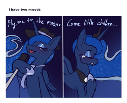 Size: 1151x934 | Tagged: safe, artist:chiefywiffy, derpibooru import, princess luna, alicorn, pony, g4, children of the night, duality, eyes closed, fedora, female, hat, horn, microphone, singing, solo, teary eyes, wings