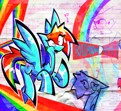 Size: 832x767 | Tagged: safe, artist:yl0w, derpibooru import, rainbow dash, pegasus, pony, g4, eye clipping through hair, open mouth, open smile, smiling, solo, spread wings, wings
