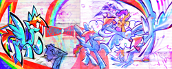 Size: 1480x599 | Tagged: safe, artist:yl0w, derpibooru import, rainbow dash, scootaloo, pegasus, pony, g4, eye clipping through hair, open mouth, open smile, smiling, spread wings, wings