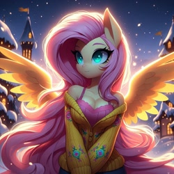 Size: 1024x1024 | Tagged: safe, ai content, derpibooru import, generator:dall-e 3, machine learning generated, fluttershy, anthro, g4, backlighting, bra, breasts, castle, cleavage, clothes, hootershy, long hair, night, off shoulder, off shoulder sweater, prompter:glimmy-glam, snow, solo, spread wings, sweater, tree, underwear, wings, winter