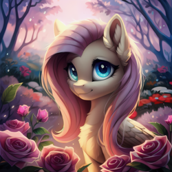 Size: 1536x1536 | Tagged: safe, ai content, derpibooru import, generator:stable diffusion, machine learning generated, fluttershy, pegasus, pony, g4, bust, chest fluff, cute, ear fluff, ears, female, flower, looking at you, mare, nature, outdoors, portrait, prompter:seashell, shyabetes, smiling, smiling at you, solo, tree