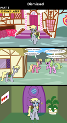 Size: 1920x3516 | Tagged: safe, artist:platinumdrop, derpibooru import, daisy, derpy hooves, flower wishes, lily, lily valley, earth pony, pegasus, pony, comic:dismissed, g4, 3 panel comic, alternate timeline, background pony, bag, comic, commission, crying, despair, dialogue, door, ears, ears back, female, floppy ears, folded wings, food, frown, hallway, heartbreak, home, house, implied doctor whooves, implied roseluck, indoors, looking at each other, looking at someone, looking at you, mare, muffin, open mouth, photo, picture frame, plant, ponyville, potted plant, sad, saddle bag, sorrow, speech bubble, sugarcube corner, talking, tears of sadness, teary eyes, this will not end well, wailing, walking, wings