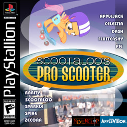 Size: 500x497 | Tagged: safe, artist:paulrus, derpibooru import, scootaloo, pegasus, pony, g4, female, filly, foal, grin, helmet, photoshop, playstation, scooter, smiling, smirk, text, tony hawk, tony hawk's pro skater, video game