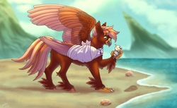 Size: 3280x2003 | Tagged: safe, artist:malinraf1615, derpibooru import, oc, oc:pearl diver, classical hippogriff, hippogriff, bandage, beach, beak, broken bone, broken wing, cast, claws, colored wings, commission, happy, hippogriff oc, hippogriffied, injured, jewelry, male, mount aris, necklace, ocean, seashell, sling, species swap, tail, water, wings