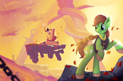 Size: 3955x2609 | Tagged: safe, artist:appleneedle, derpibooru import, oc, earth pony, pony, snake, action, cover, dead cells, fantasy, game, leaves, parody, raffle prize