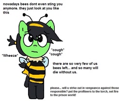 Size: 513x427 | Tagged: safe, artist:wanda, derpibooru import, oc, oc only, oc:anon filly, earth pony, animal costume, bee costume, clothes, costume, female, filly, foal, ms paint, simple background, solo, text, white background