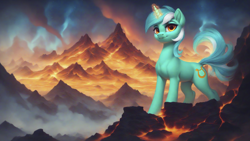 Size: 2560x1440 | Tagged: safe, ai content, derpibooru import, generator:pony diffusion v6 xl, generator:stable diffusion, machine learning generated, lyra heartstrings, pony, unicorn, g4, eruption, female, fire, horn, lava, prompter:star-dragon, solo, solo female, volcano, wallpaper