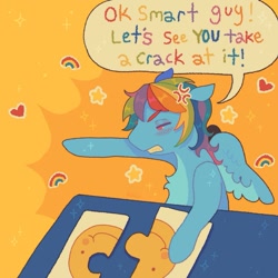 Size: 901x901 | Tagged: safe, artist:ariariari.png, derpibooru import, rainbow dash, pegasus, pony, g4, cross-popping veins, emanata, meme, puzzle, solo