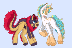 Size: 2048x1365 | Tagged: safe, artist:mscolorsplash, derpibooru import, oc, oc only, kirin, pony, cloven hooves, commission, dreadlocks, duo, glasses, kirin oc, light blue background, looking at each other, looking at someone, open mouth, open smile, round glasses, simple background, smiling, smiling at each other