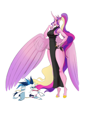 Size: 2048x2732 | Tagged: safe, artist:iki-ki, derpibooru import, princess cadance, shining armor, alicorn, anthro, unguligrade anthro, unicorn, g4, alternate hairstyle, big breasts, black dress, bowtie, braless, breasts, clothes, dress, duo, duo male and female, female, hand on hip, high res, hoers, horn, large wings, male, meme, one wing out, princess cansdance, reference, shiningcadance, shipping, side slit, simple background, spongebob reference, spongebob squarepants, straight, the bride and the ugly ass groom, white background, wide hips, wings