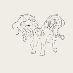 Size: 4000x4000 | Tagged: safe, artist:miokomata, derpibooru import, fluttershy, pegasus, pony, g4, bedroom eyes, bipedal, butt, dock, ears, female, floppy ears, flutterbutt, freckles, freckleshy, grayscale, lineart, looking at you, looking back, looking back at you, mare, monochrome, plot, simple background, smiling, smiling at you, solo, tail, underhoof, white background