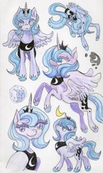 Size: 1231x2048 | Tagged: safe, artist:teochronico, derpibooru import, princess luna, alicorn, pony, g4, crown, female, hoof shoes, jewelry, mare, pencil drawing, peytral, princess shoes, regalia, s1 luna, sketch, sketch dump, solo, traditional art, wall eyed