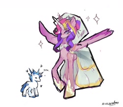 Size: 1698x1488 | Tagged: safe, artist:ametff3, derpibooru import, princess cadance, shining armor, alicorn, pony, unicorn, g4, alternate hairstyle, bags under eyes, blush scribble, blushing, clothes, colored hooves, colored horn, colored sketch, colored wings, dot eyes, dress, duo, duo male and female, eye clipping through hair, female, frown, gradient wings, hair bun, height difference, hoof shoes, horn, long horn, long legs, male, mare, meme, multicolored mane, pink coat, princess shoes, purple eyes, raised hoof, raised leg, shiningcadance, shipping, signature, simple background, size difference, sketch, smiling, sparkles, spiky mane, spread wings, stallion, straight, tail, text, the bride and the ugly ass groom, toy interpretation, two toned mane, two toned tail, unicorn horn, unshorn fetlocks, veil, wedding dress, wedding veil, white background, white coat, wing fluff, wingding eyes, wings