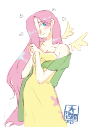 Size: 1647x2088 | Tagged: safe, artist:wakasagihime-chan, derpibooru import, fluttershy, human, g4, blushing, breasts, cleavage, clothes, dress, female, floating heart, floating wings, hair over one eye, hands together, heart, humanized, simple background, smiling, solo, sundress, white background, winged humanization, wings