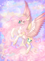 Size: 1500x2000 | Tagged: safe, artist:toge-kissed, derpibooru import, fluttershy, butterfly, pegasus, pony, g4, abstract background, alternate cutie mark, alternate design, butterfly on nose, colored wings, colored wingtips, female, flying, freckles, insect on nose, large wings, lightly watermarked, long mane, long tail, mare, solo, spread wings, tail, watermark, wings