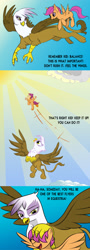 Size: 977x2702 | Tagged: safe, artist:cyb3rwaste, derpibooru import, gilda, scootaloo, griffon, pegasus, pony, g4, cloud, eyes closed, flying, head rub, open mouth, open smile, scootaloo can fly, scootalove, smiling, sun