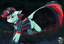 Size: 1230x861 | Tagged: safe, artist:brainiac, derpibooru import, oc, oc only, oc:blackjack, pony, unicorn, fallout equestria, fallout equestria: project horizons, curved horn, fanfic art, female, horn, leonine tail, mare, solo, tail, unshorn fetlocks