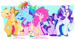 Size: 4021x2138 | Tagged: safe, artist:pinkpalletta, derpibooru import, applejack, fluttershy, pinkie pie, rainbow dash, rarity, twilight sparkle, unicorn twilight, earth pony, pegasus, pony, unicorn, g4, colored hooves, confetti, eyebrows, eyebrows visible through hair, female, hair over one eye, horn, lying down, mane six, mare, passepartout, prone, simple background, spread legs, spreading, unshorn fetlocks, white background