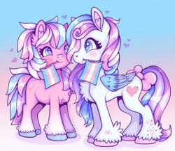 Size: 2048x1781 | Tagged: safe, artist:chocchippony, cotton candy (g3), star catcher, earth pony, pegasus, pony, g3, blushing, bow, chest fluff, duo, female, flag, folded wings, generation leap, heart, looking at each other, mare, mouth hold, pride, pride flag, signature, tail bow, text, transgender pride flag, unshorn fetlocks