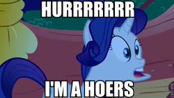 Size: 600x338 | Tagged: safe, derpibooru import, edit, edited screencap, screencap, rarity, pony, g4, look before you sleep, season 1, caption, derp, faic, female, golden oaks library, hoers, image macro, solo, text