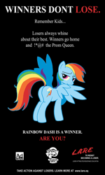 Size: 600x1000 | Tagged: artist needed, safe, artist:science fox, derpibooru import, rainbow dash, pegasus, pony, g4, butt, censored, censored vulgarity, female, grawlixes, implied sex, looking at you, mare, plot, poster, solo, text