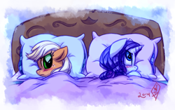 Size: 1350x850 | Tagged: safe, artist:whitediamonds, derpibooru import, applejack, rarity, earth pony, pony, unicorn, g4, look before you sleep, season 1, bed, blanket, blushing, duo, duo female, ears, female, floppy ears, freckles, frown, hatless, horn, in bed, lesbian, lying down, mare, missing accessory, nose wrinkle, on side, pillow, rarijack, rarijack daily, scene interpretation, scrunchy face, shipping, signature, sleepover
