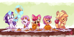 Size: 2300x1150 | Tagged: safe, artist:whitediamonds, derpibooru import, apple bloom, applejack, rarity, scootaloo, sweetie belle, earth pony, pegasus, pony, unicorn, g4, abstract background, adorabloom, apple, apple bloom's bow, apple carving, apple sisters, applejack's hat, belle sisters, bow, clothes, cowboy hat, cute, cutealoo, cutie mark crusaders, diasweetes, ears, eyes closed, female, filly, floppy ears, foal, food, freckles, glowing, glowing horn, grin, group, hair bow, halloween, hat, heart, holiday, horn, jack-o-lantern, jackabetes, knife, lesbian, levitation, magic, magic aura, mare, messy, profile, pumpkin, pumpkin carving, quintet, raribetes, rarijack, rarijack daily, shipping, siblings, signature, sisters, smiling, sparkles, table, telekinesis, that pony sure does love apples, tongue, tongue out, tumblr